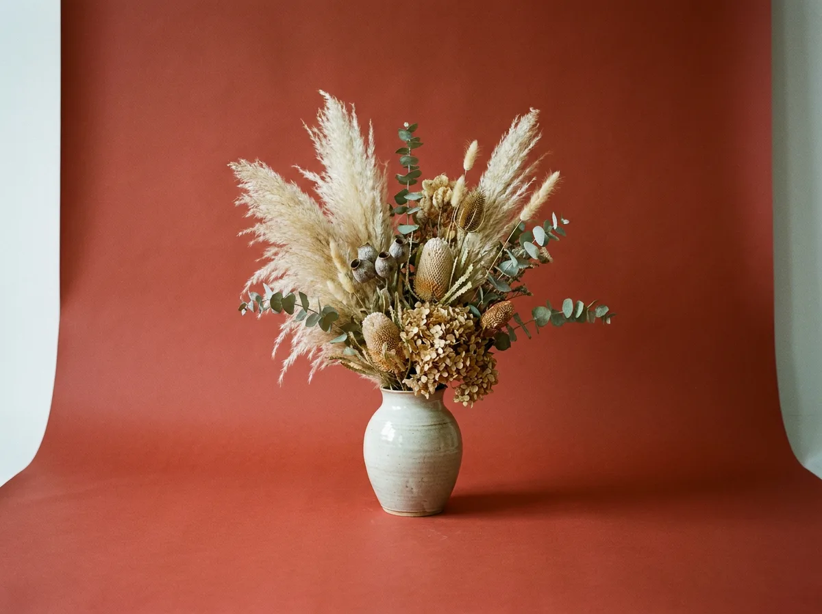 Nano Banana Pro output: A ceramic vase of dried flowers on a brick-red backdrop
