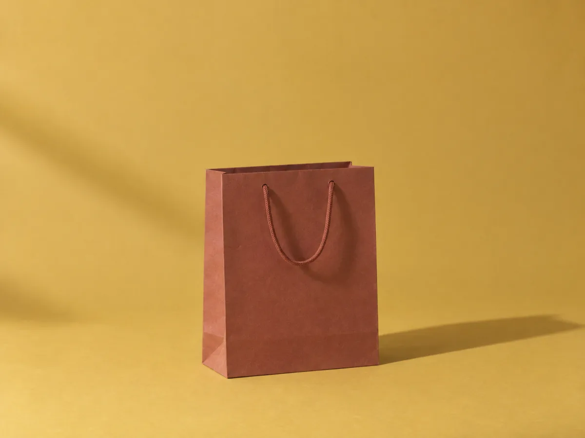 GPT Image 2.5 Sunburst output: A plain paper shopping bag on a mustard-yellow backdrop, in hard morning light