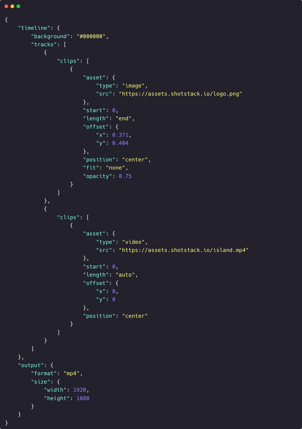 JSON code of the Shotstack template