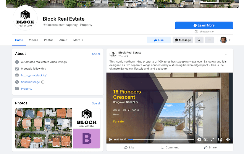 Facebook Page with real estate video listing