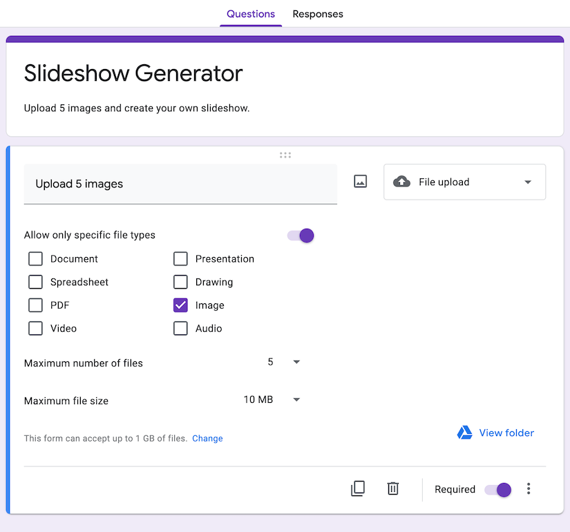 Create a new Google Form with an Upload Files field