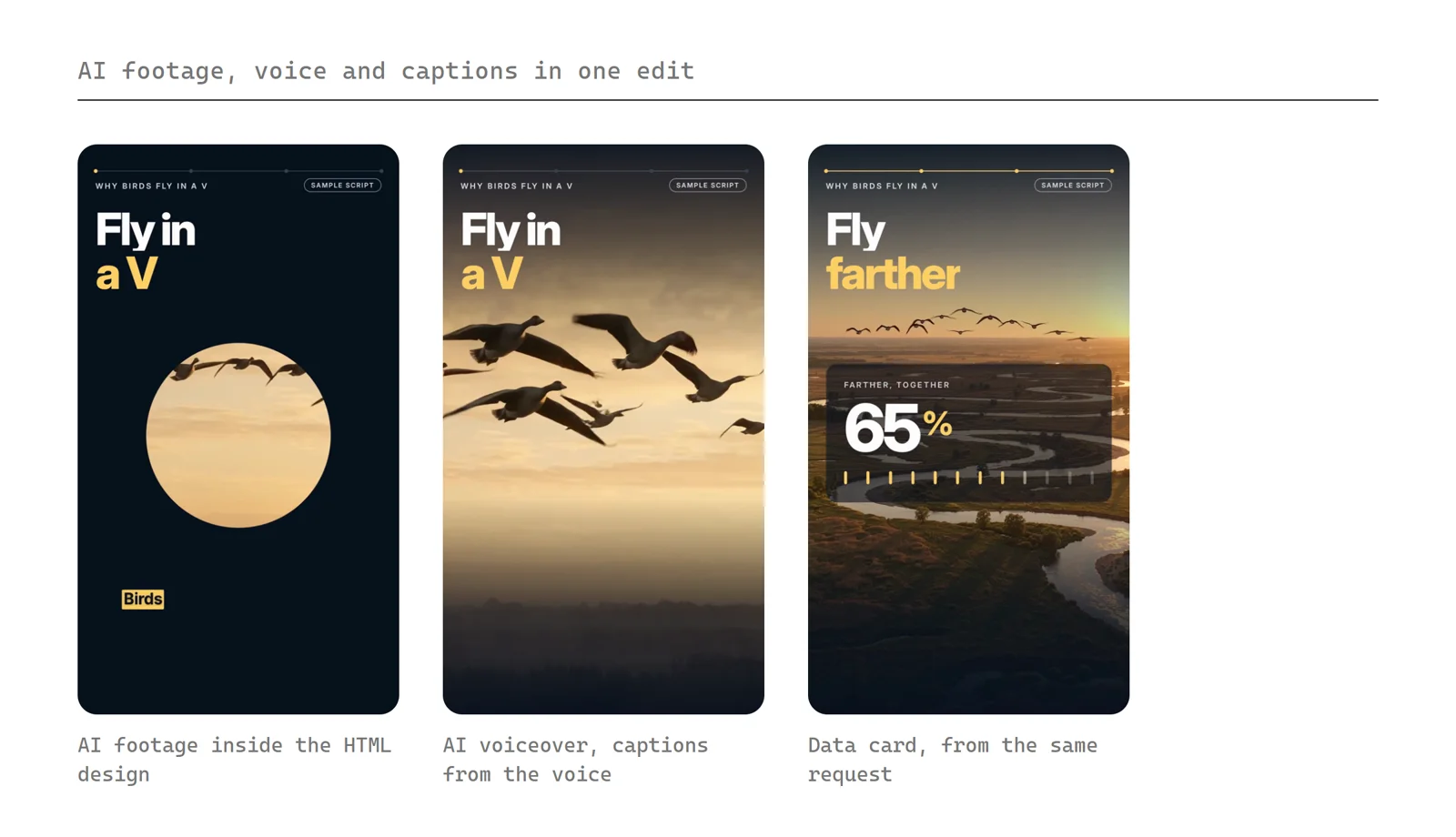 Three frames from the Shotstack video: AI footage inside the HTML design, captions from the voice, and a data card