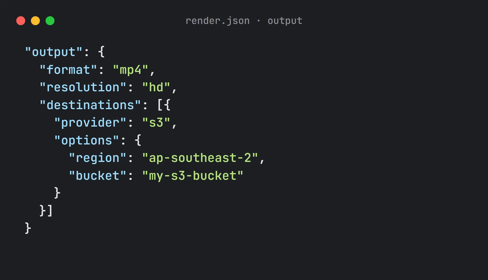 A Shotstack render output block with an S3 destination